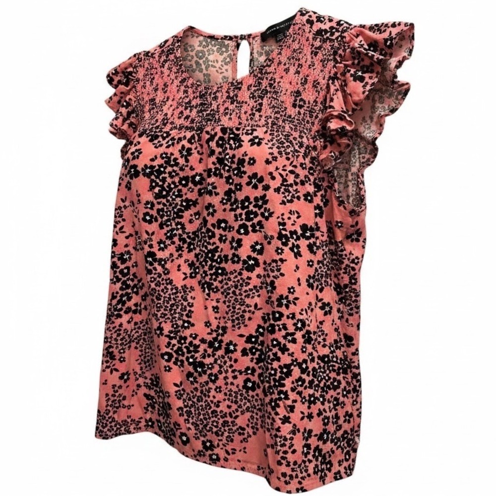 Tommy Hilfiger Women's Smocked Floral Blouse Pink Black Flutter Sleeve L Large